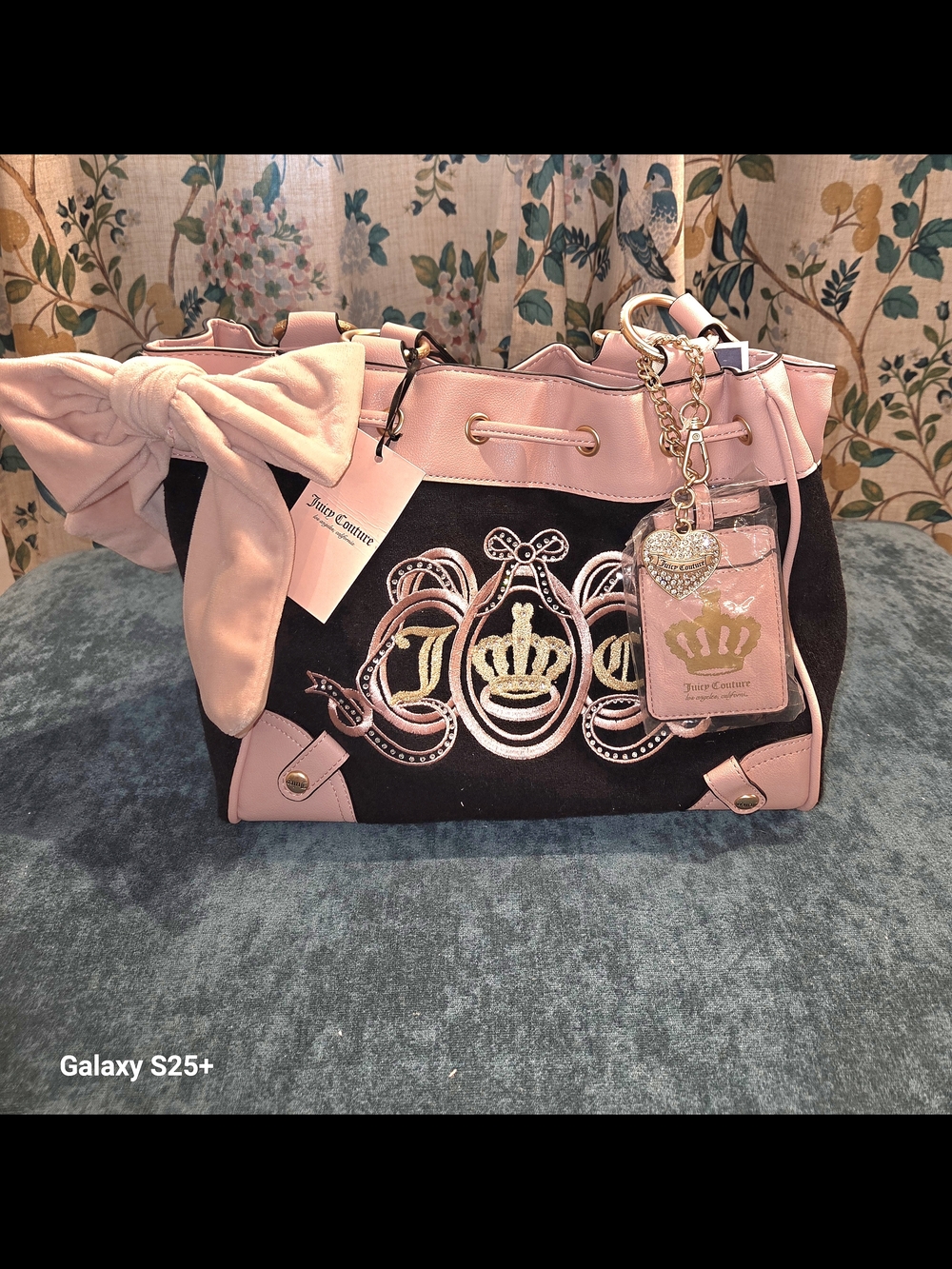 Juicy Couture Black and Pink Crown Tote with Bow Charm